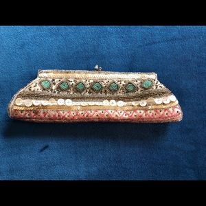 Jeweled cream/pink/turquoise clutch bag w chain